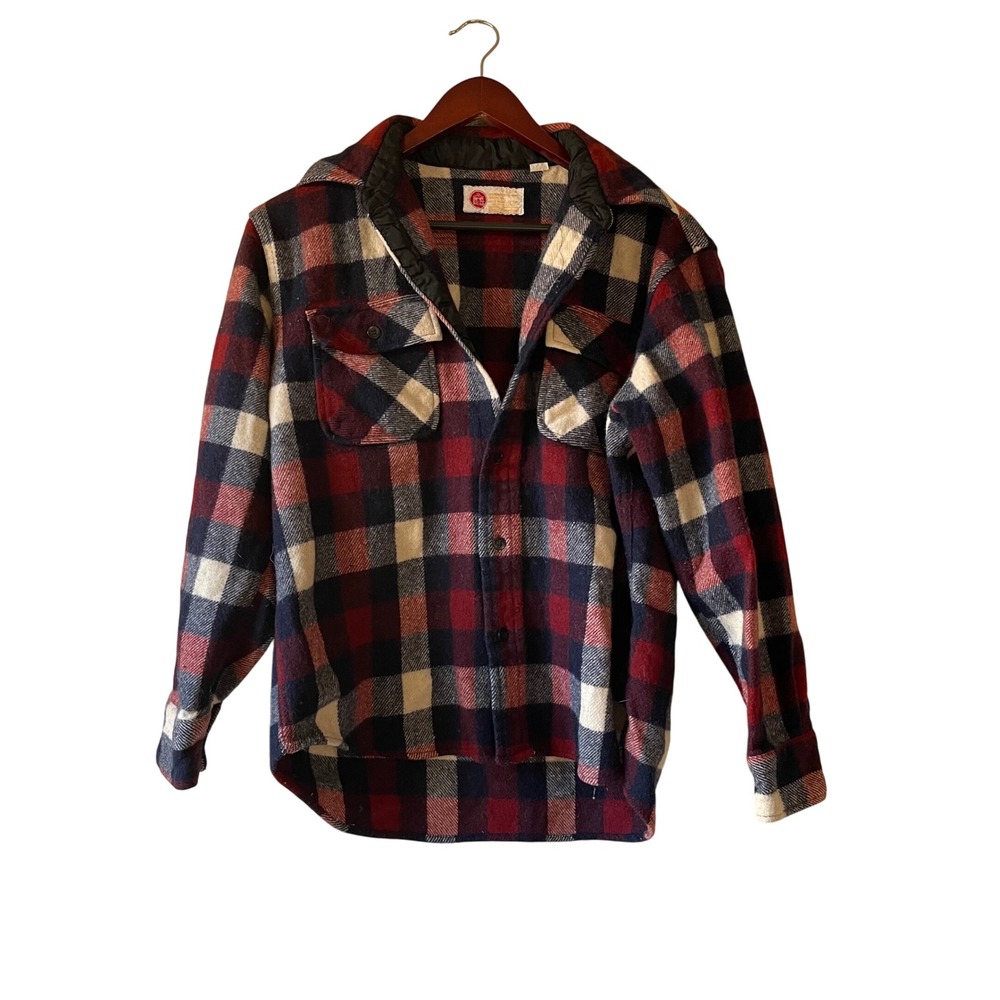 Vintage Mens Red‎ Blue Plaid Wool Blend Work Shirt Jacket button Front Sears